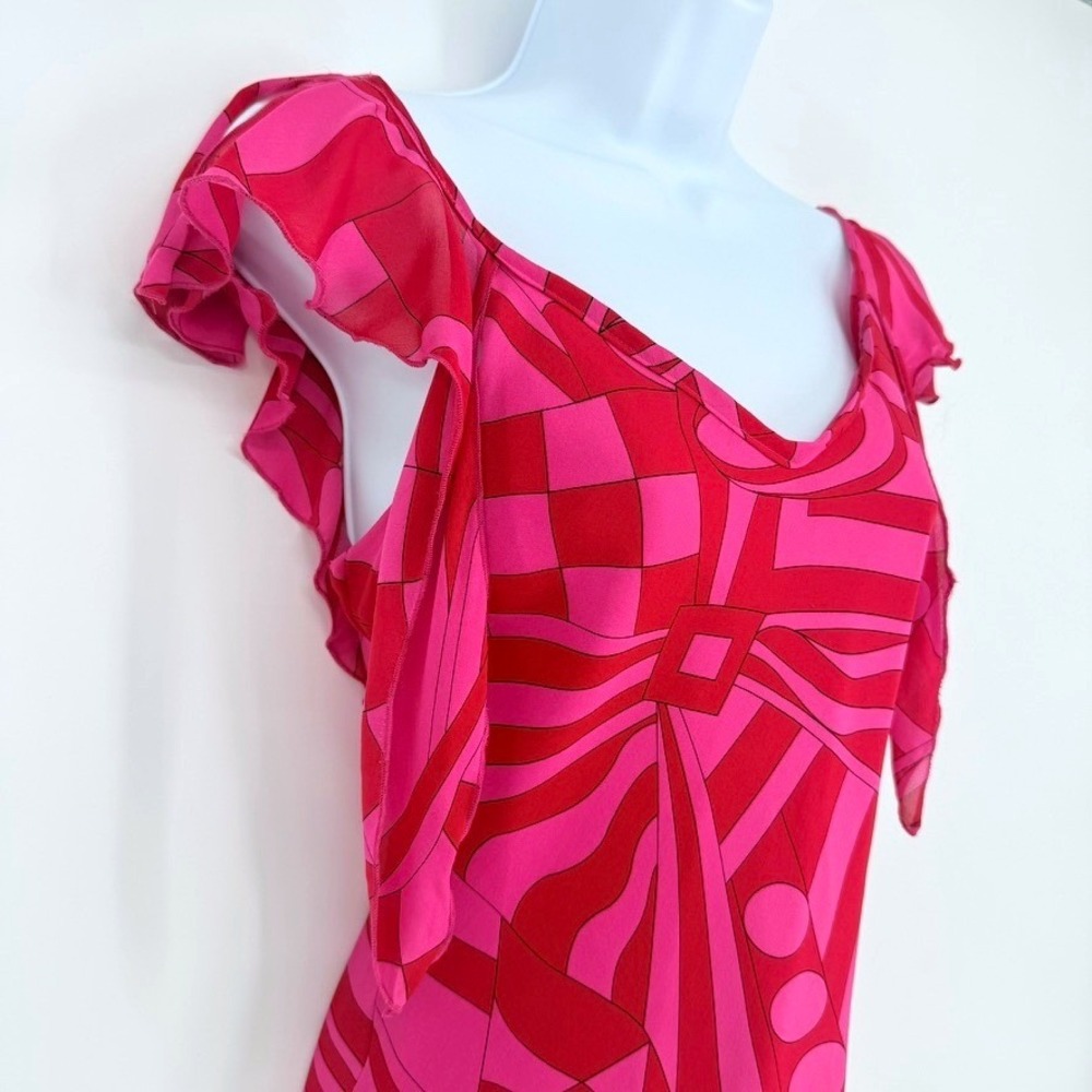 Morrell Maxie VTG 100% Silk Pink Red Psychedelic Asymmetrical Hem Dress 10‎ - Picture 4 of 10